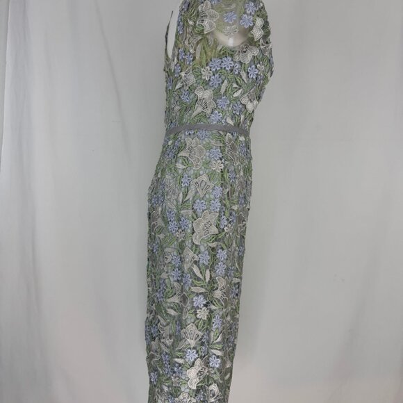 Marchesa Notte Ice Bell Bloom Sheath Crochet Overlay Dress Muted Blue 6 Small - Picture 9 of 16